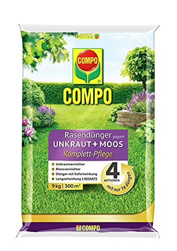 COMPO Rasendünger gegen Unkraut+ Moos Komplett-Pflege, 3 Monate Langzeitwirkung, Feingranulat, 9 kg, 300m² - 1