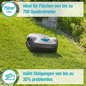Gardena SILENO life: Mähroboter für Rasenflächen bis 750 m², Bluetooth-App bedienbar, Easy-Passage-Funktion, mit 57 db(A) sehr leise, Steigungen bis zu 35 Prozent, mäht bei jedem Wetter (15101-20) - 2